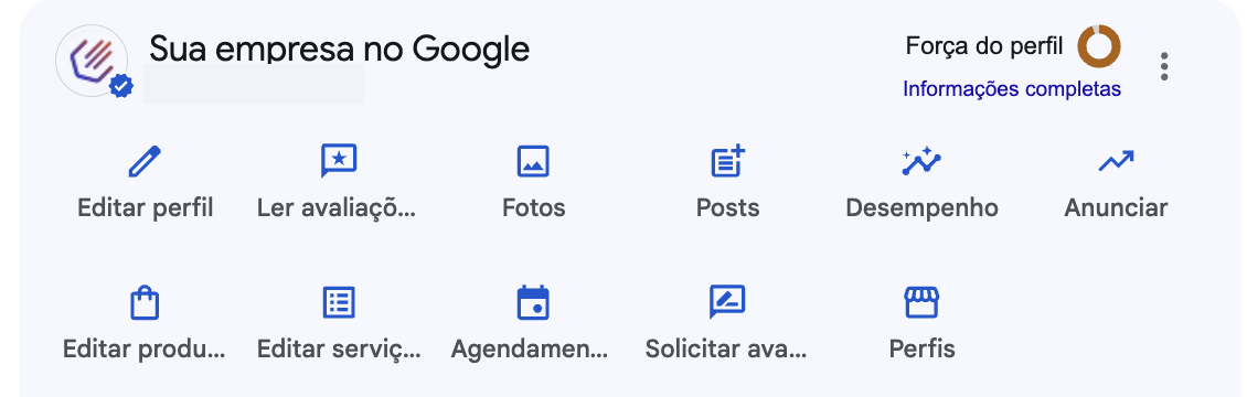 Painel do dono da ficha no Google, com os botões Editar perfil, Fotos, Posts, Editar serviços e Solicitar avaliações