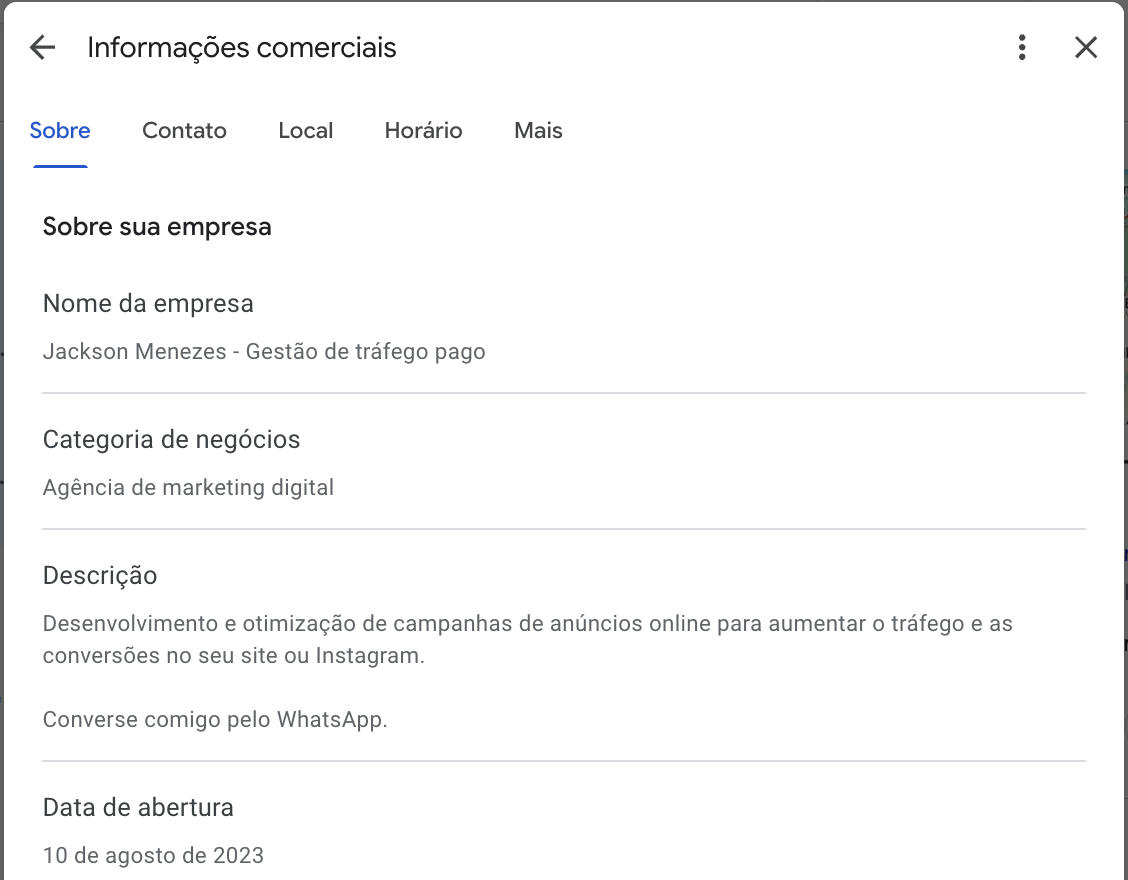 Tela Editar perfil, com nome da empresa, categoria, descrição e data de abertura