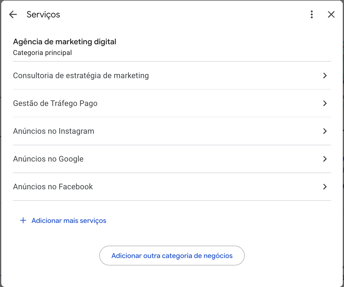 Tela de serviços da ficha do Google, com um serviço por linha