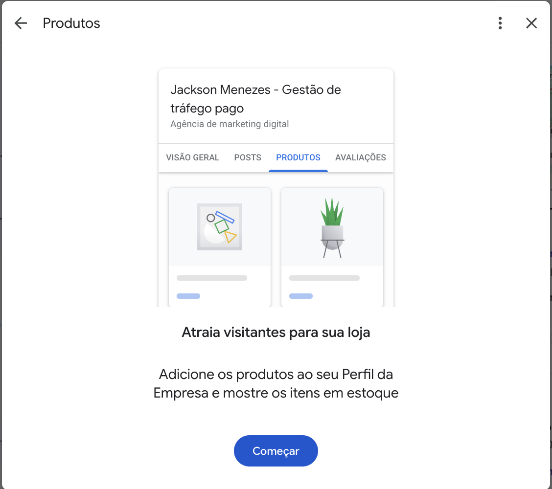 Tela de produtos da ficha do Google, com o botão Começar