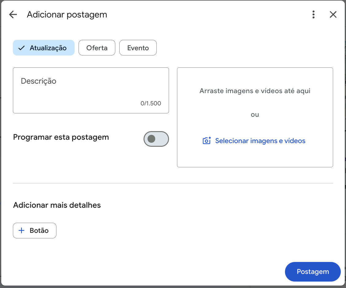 Tela de nova postagem na ficha do Google, com os tipos Atualização, Oferta e Evento e a chave Programar esta postagem