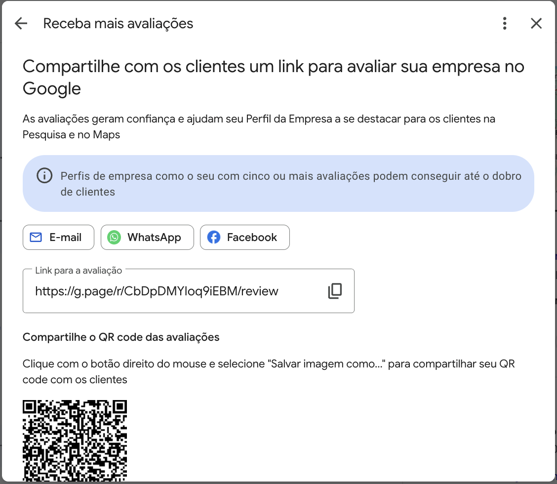 Tela Receba mais avaliações, com o link de avaliação e o QR code